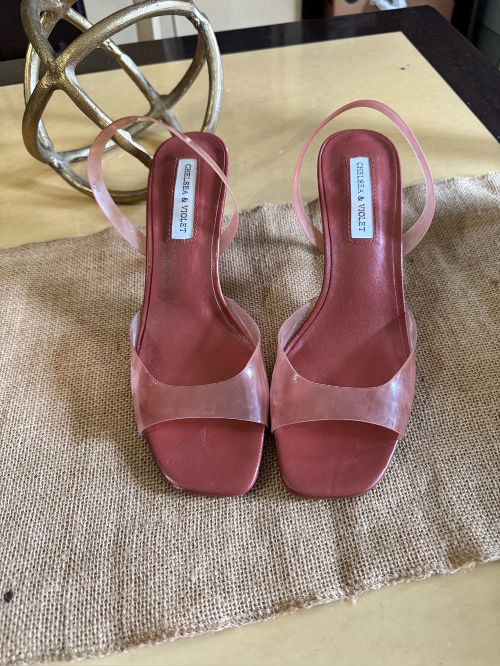 Chelsea & Violet brown Clear-Strap Square-Toe Slingback Heels